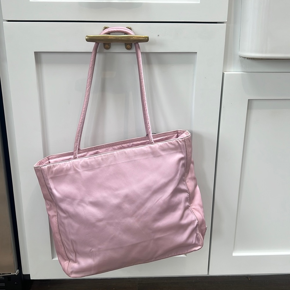 Prada Tessuto Shopping Tote. Pink NylonEnameled. Exterior pocket.
